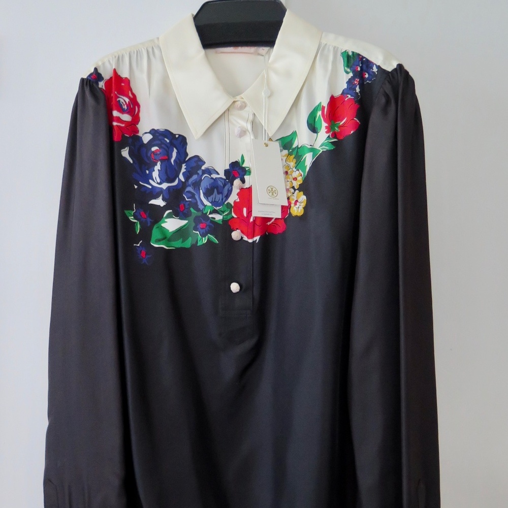 Tory Burch Wide Collar Tunic Blouse - Ivory/ Tea Rose - $498